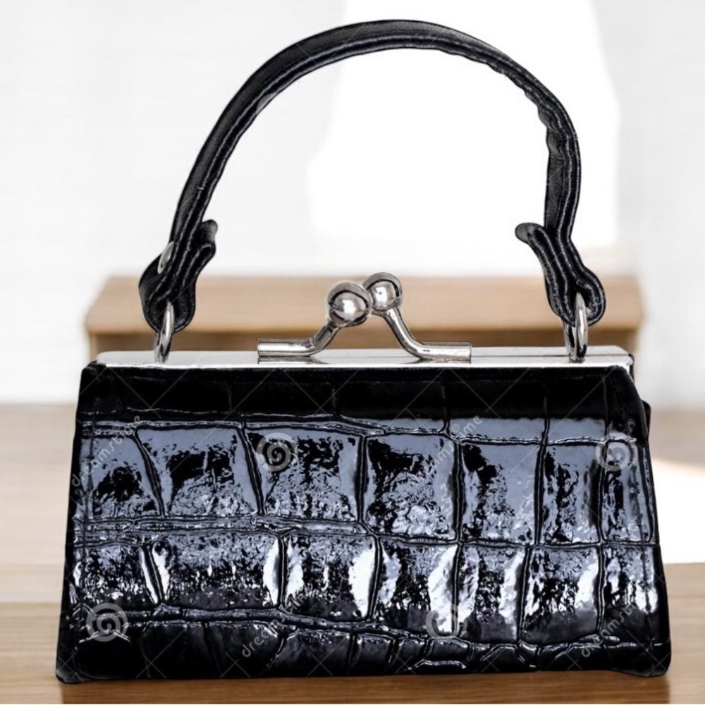 Purse Black Kisslock Patent Leather Bag Charm & Keychain - Picture 2 of 2